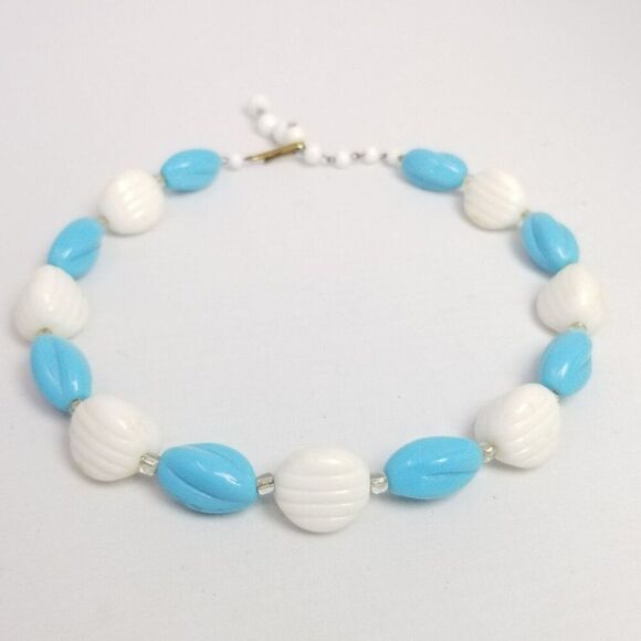 Vintage Light Blue and White Beaded Necklace, Adjustable Length, Western Germany - Picture 2 of 7